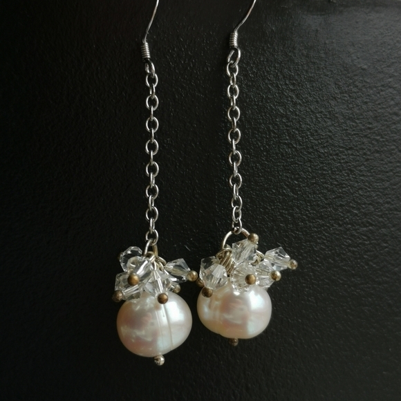 Sterling silver crystal dangle drop earrings white freshwater pearl 🆕 - Picture 5 of 6